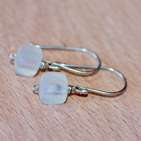 Tiny Silver Earring - Small Square Gem Earrings - White Chalcedony Earrings - - Picture 2 of 9